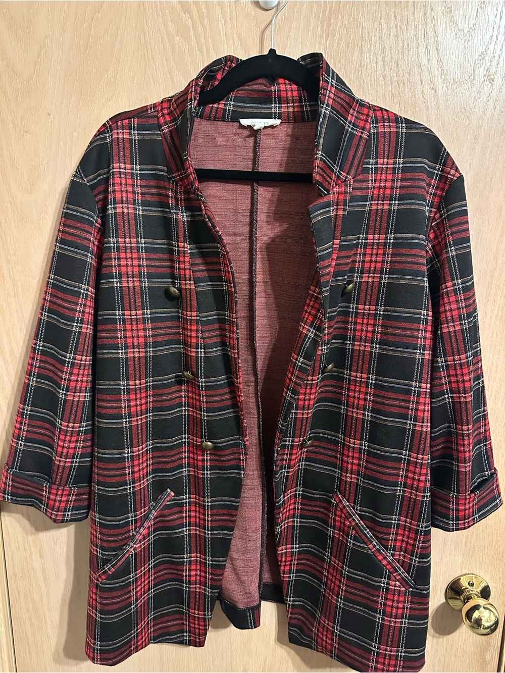 Maurices Red & Black Plaid Double-Breasted Blazer
